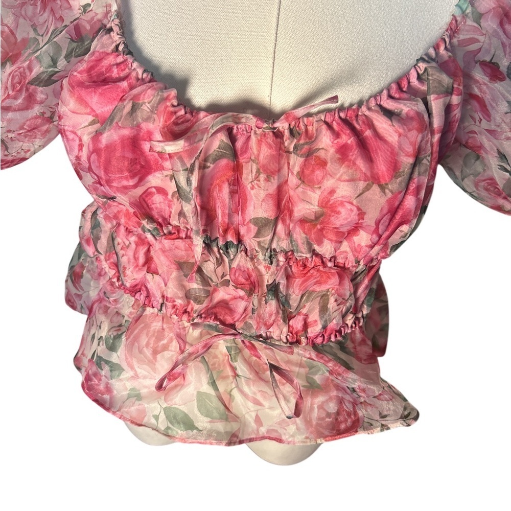 Joie Pink Floral Puff Sleeve Crop Blouse Romantic Coquette Top M - Picture 3 of 8